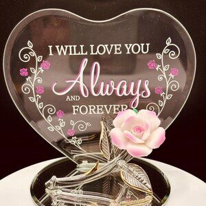 Always & Forever Pink Rose Glass Figurine on Mirror Romantic Love Gift